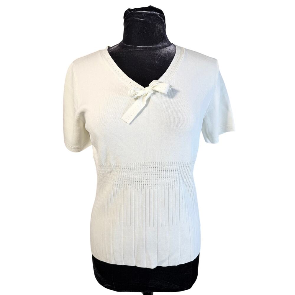 Vintage Pendleton White Sweater Knit Top Womens L Bow V-Neck Ribbed